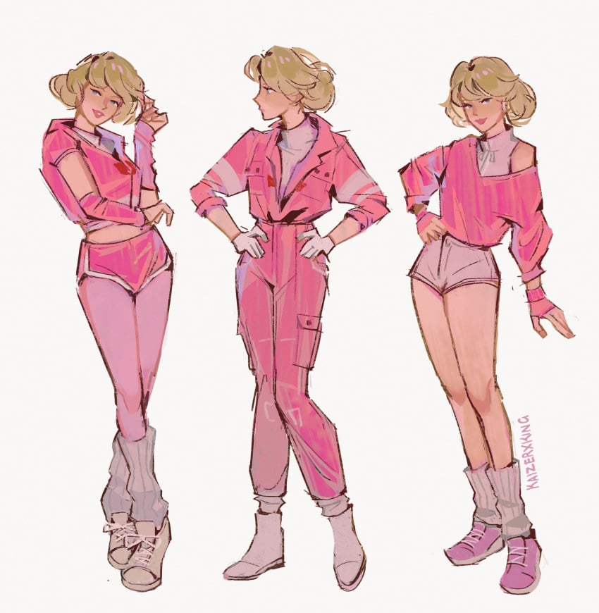 arcee arcee_(g1) blonde_female blonde_hair blonde_hair clothed clothes clothing gijinka hips hoodie humanformers jacket pants pink_clothing short_pants shoulders sleeveless sleeveless_jacket thighs transformers transformers_g1 tummy unbuttoned unbuttoned_shirt