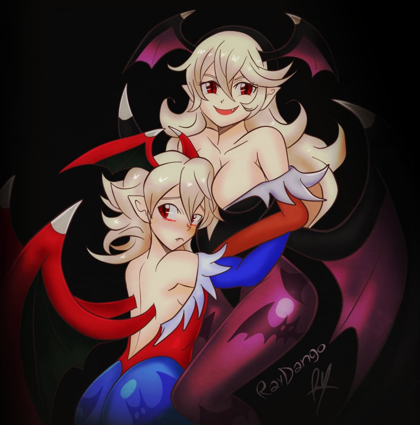 1boy ass bat_wings blush breasts capcom cleavage corrin_(fire_emblem) corrin_(fire_emblem)_(female) corrin_(fire_emblem)_(male) cosplay crossdressing darkstalkers embarassed female femdom fire_emblem fire_emblem_fates fire_emblem_heroes gloves head_between_breasts hug human human_only leotard light-skinned_female light-skinned_male light_skin lilith_aensland_(cosplay) long_hair manakete morrigan_aensland_(cosplay) naughty_face nintendo pantyhose raydango red_eyes selfcest short_hair silver_hair smile tagme wings