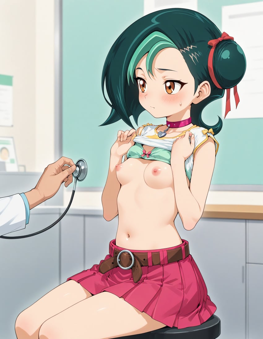 ai_generated blush examination flashing_breasts kotori_mizuki lifted_by_self nipples small_breasts stethoscope tori_meadows yu-gi-oh!_zexal