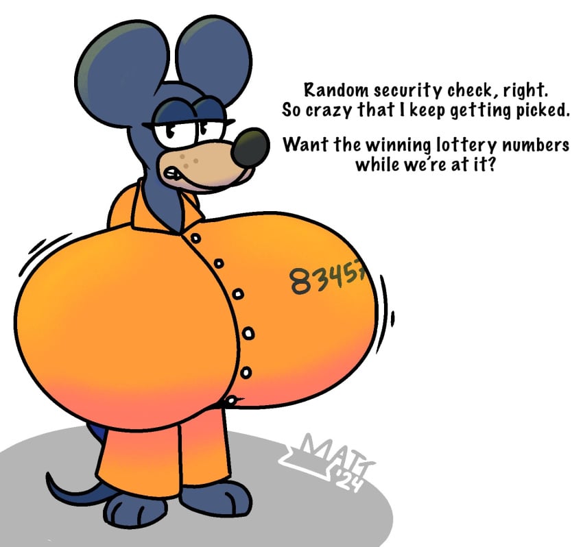 artist_signature basic_background big_breasts dialogue lottery mattthetooncat mouse mouse_ears mouse_girl mouse_nose mouse_tail numbered numbers numbers'_uniform numbers_on_body open_collar prison_clothes prison_uniform prisoner teeth toony