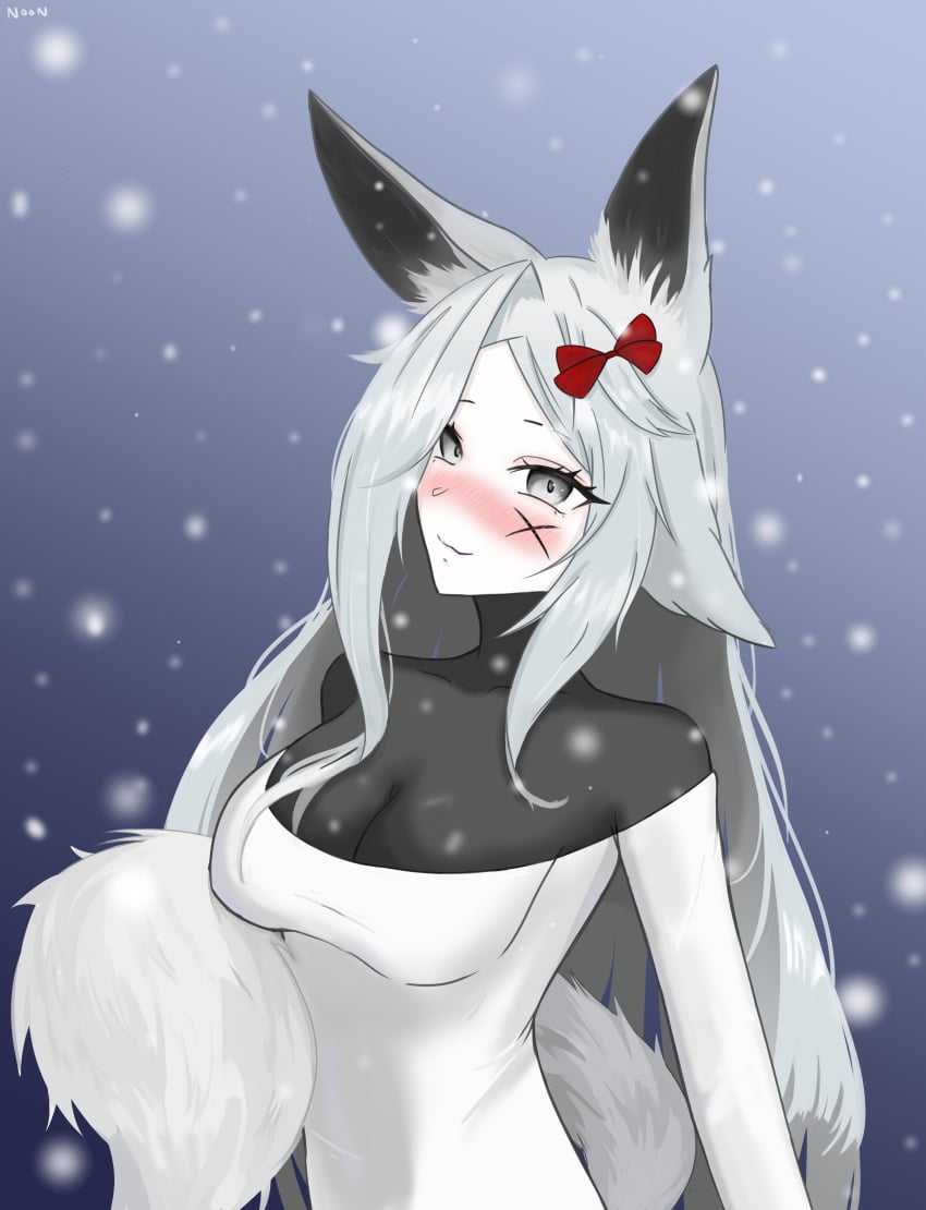 animal_ears bare_shoulders blush breasts cleavage dress dya_rikku_(vtuber) female fox_ears fox_tail grey_eyes grey_hair large_breasts long_hair looking_at_viewer pale_skin silver_eyes silver_hair smile snow snowing solo sweater tail turtleneck very_long_hair vyugen