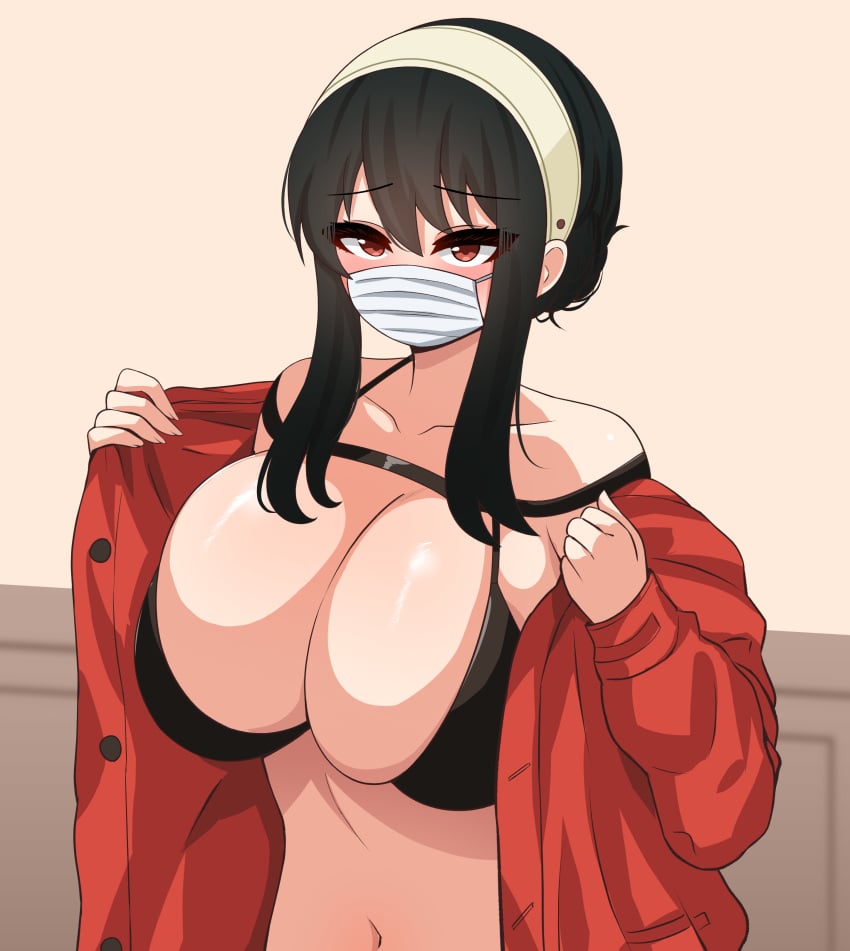 1girls big_breasts black_hair breasts cleavage clothing face_mask female female_only hair huge_breasts mature mature_female mature_woman open_clothes red_eyes solo solo_female spy_x_family the_only_shoe topwear upper_body yor_briar