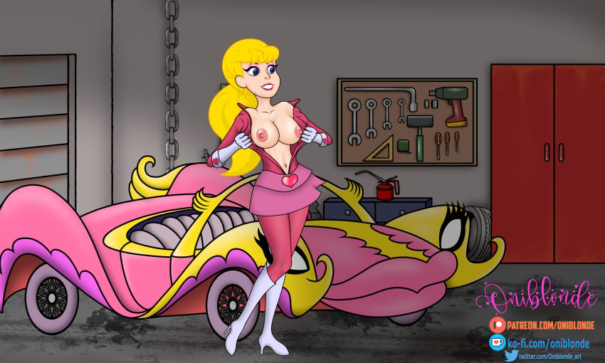 big_breasts blonde_hair blue_eyes boots car chains garage gloves hanna-barbera indoors nipples oniblonde penelope_pitstop skirt tools undressing wacky_races