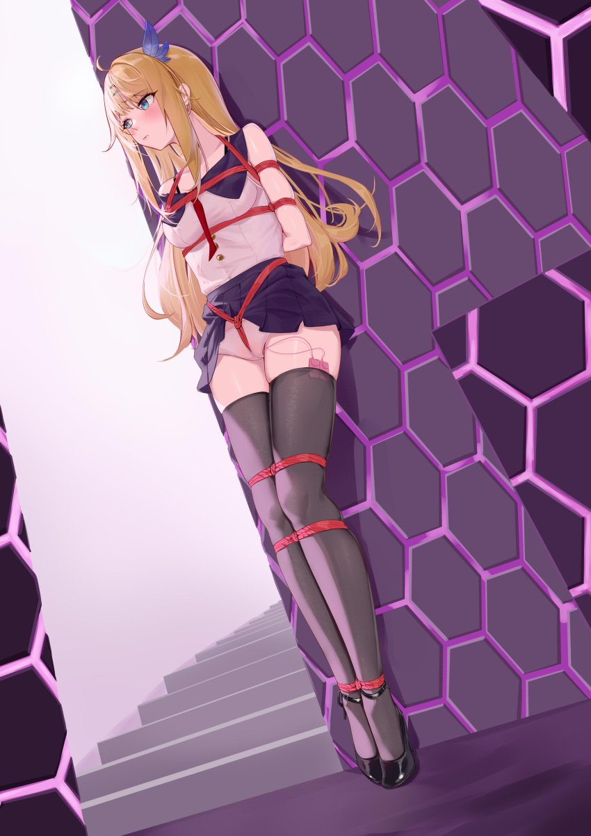 absurdres against_wall ahoge aqua_eyes arms_behind_back black_footwear black_thighhighs blonde_hair blue_skirt blush bondage bondage bondage bound bound_ankles bound_legs breasts clenched_teeth collarbone commentary_request dutch_angle female highres indoors long_hair looking_to_the_side medium_breasts panties pleated_skirt qaq_baiguang red_rope restrained rope saratoga_(warship_girls_r) sex_toy shirt shoes skindentation skirt solo stairs standing teeth thighhighs tiptoes underwear vibrator vibrator_in_thighhighs vibrator_under_clothes vibrator_under_panties warship_girls_r white_panties white_shirt