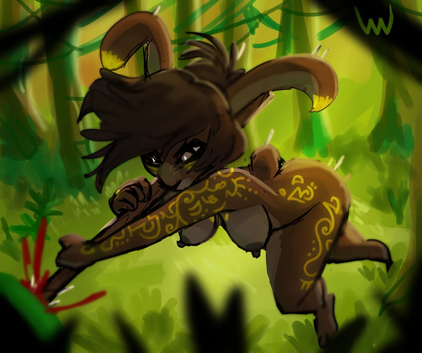 anthro blood bodily_fluids breasts brown_body curvy_figure female forest hi_res hunting jungle lagomorph leporid long_ears lostwisdom mammal markings nude plant rabbit scut_tail short_tail simple_background solo stab tail tree