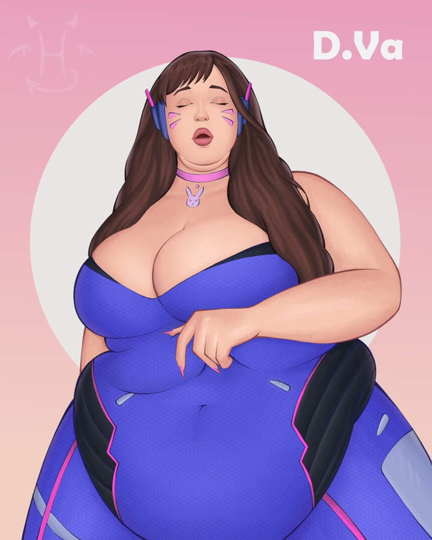 1girls bbw bodysuit breasts cleavage d.va female female_only huge_belly huge_breasts human kekspflaumchen overwatch overweight overweight_female solo solo_female tight_clothing weight_gain