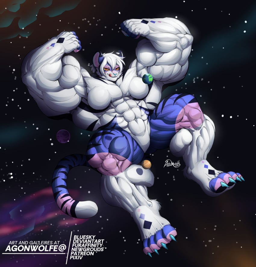 agonwolfe amber_eyes anthro big_muscles claws digitigrade felid feline female flexing floating hi_res huge_muscles hyper hyper_muscles macro mammal multicolored_body muscular pantherine space taimu_(curioustorvald) tiger toe_claws