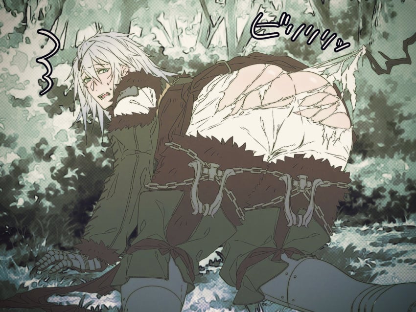 accidental_exposure all_fours ass ass_focus balls kneeling looking_at_viewer looking_back male male_focus male_only nier nier_(character) nier_(series) nier_replicant ripping_clothing suggestive torn_clothes torn_clothing