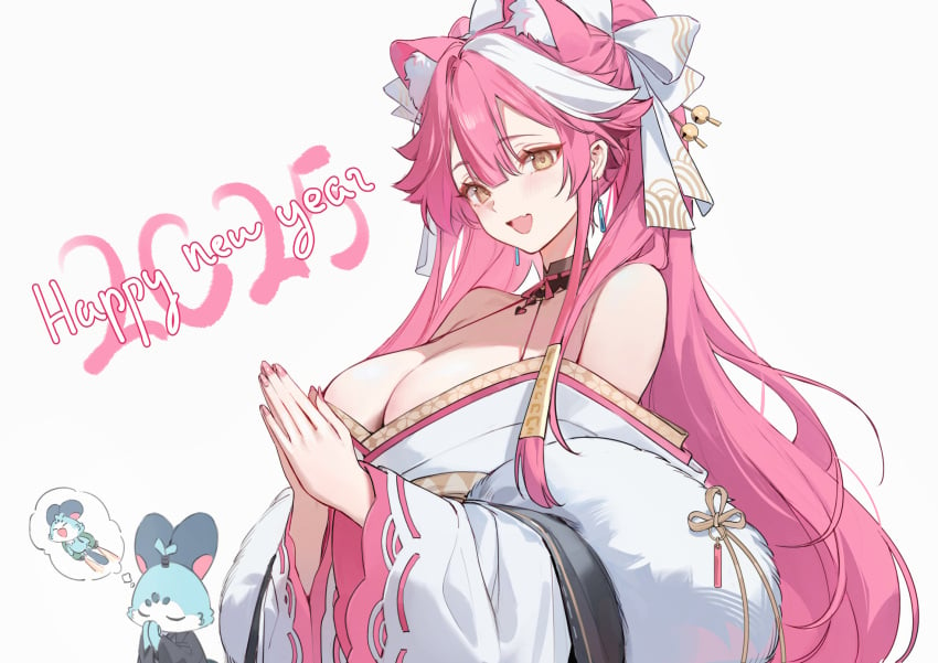 2025 :d animal_ear_fluff animal_ears bare_shoulders breasts center-flap_bangs chattino_(raora_panthera) cleavage commentary double-parted_bangs dress english_commentary english_text extra_ears fan_mascot_(vtuber) female hair_between_eyes happy_new_year highres hololive hololive_english hololive_english_-justice- japanese_clothes jetpack kimono large_breasts long_hair looking_at_viewer multicolored_hair nail_polish nekojira new_year oerba_yun_fang off-shoulder_dress off_shoulder official_alternate_costume official_alternate_hairstyle open_mouth own_hands_clasped own_hands_together panther_ears panther_girl pink_hair pink_nails raora_panthera raora_panthera_(new_year) sidelocks simple_background skin_fang smile solo speech_bubble streaked_hair thought_bubble twintails very_long_hair virtual_youtuber white_background white_hair white_kimono wide_sleeves yellow_eyes