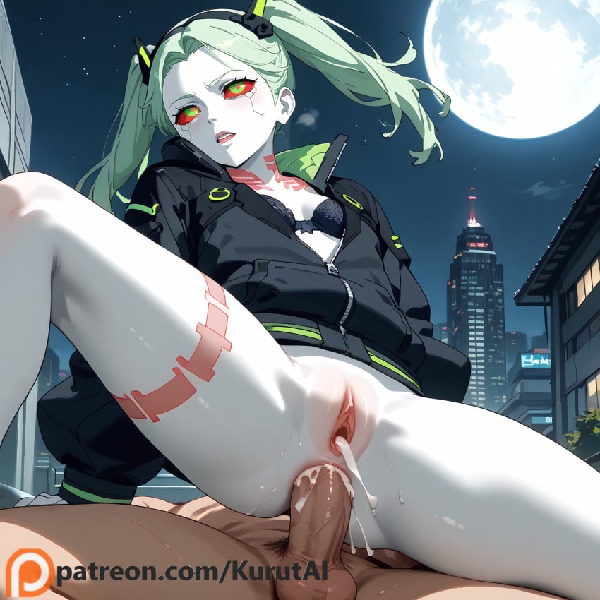 1boy 1girls ai_generated anus artist_name artist_signature bottomless building city city_lights cityscape cowgirl_position cowgirl_position crescent_moon cum cum_in_pussy cumdrip cyberpunk:_edgerunners cyberpunk_2077 female full_moon green_hair jacket kurutai long_hair male_pubic_hair moon moonlight night night_sky open_clothes open_mouth outdoors overflow patreon penis pubic_hair pussy rebecca_(edgerunners) red_eyes red_moon reverse_cowgirl_position sex sex_from_behind skirt sky skyline skyscraper solo_focus spread_legs star_(sky) starry_sky straddling straight testicles twintails uncensored vaginal_penetration window