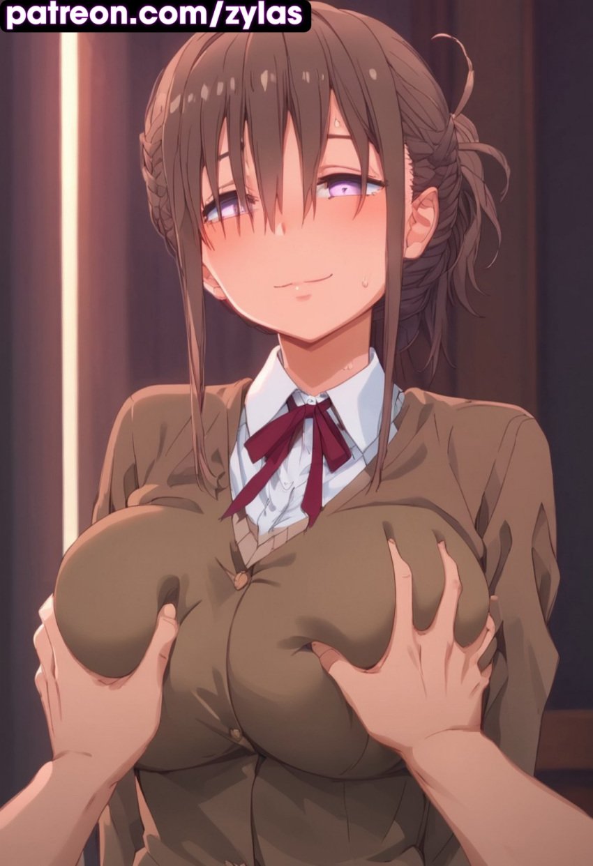 ai_generated big_breasts bikini breast_grab getsuyoubi_no_tawawa huge_breasts maegami-chan_(tawawa) ryuuziken01 school_uniform