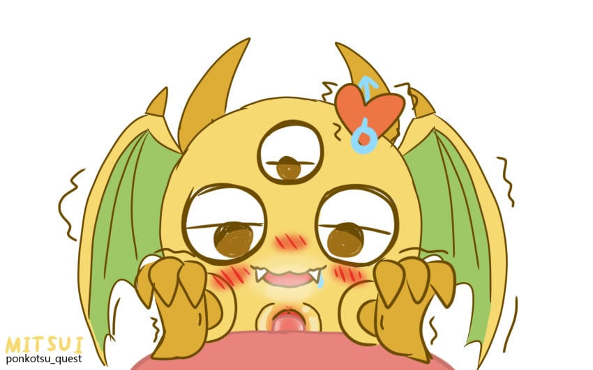 2025 2_horns 3_eyes 4_toes :3 anonymous_artist bald_crotch bat_wings big_eyes blush bodily_fluids body_blush breath brown_claws brown_horn cat_smile character_name character_signature claws copyright_name cute_fangs digital_drawing_(artwork) digital_media_(artwork) duo english_text faceless_character faceless_male fangs feet female female_focus female_penetrated first_person_view front_view genital_fluids genitals green_wings head_horn heart_reaction heart_symbol heel_claws hi_res horn human human_penetrating humanoid_genitalia humanoid_penis humanoid_pussy innie_pussy interspecies male male/female male_penetrating male_penetrating_female male_pov mammal membrane_(anatomy) membranous_wings mitsui_(ponkotsu_quest) mostly_offscreen_male multi_eye nose_blush nude open_:3 open_mouth open_smile penetrating_pov penetration penile penile_penetration penis penis_in_pussy plump_labia ponkotsu_quest pussy pussy_blush sex smile solo_focus spread_legs spreading teeth text toes vaginal_penetration waddling_head wing_claws wings yellow_body