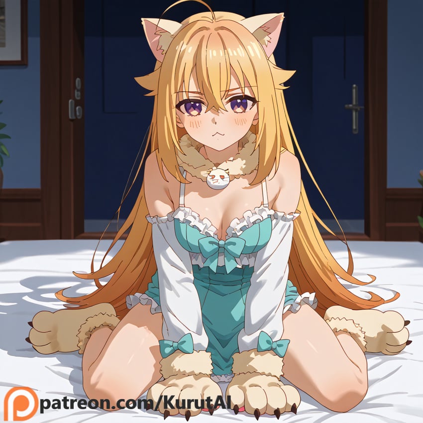 1girls ahoge ai_generated animal_ears animal_hands artist_name artist_signature bed bed_sheet blonde_hair blush breasts cat_paws cleavage closed_mouth female fur-trimmed_gloves fur_collar fur_trim gloves hair_between_eyes indoors koshi_torako kurutai long_hair looking_at_viewer medium_breasts my_deer_friend_nokotan on_bed patreon paw_gloves paw_shoes shikanoko_nokonoko_koshitantan sitting sitting_on_bed solo uncensored very_long_hair watermark web_address