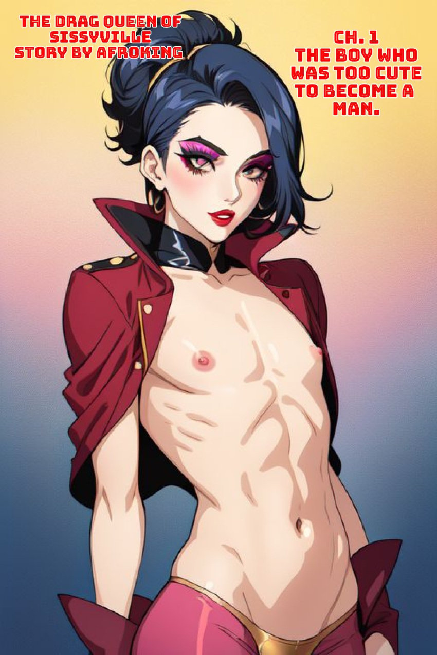 1boy 1femboy afroking ai_generated almost_naked almost_nude anime anime_style athletic athletic_male blue_hair bulge caption choker collar crossdressing crossdressing_male dancer dark_hair drag_queen english_text exotic exposed_breasts exposed_nipples exposed_torso eyelashes eyeliner eyeshadow femboy fit fit_male flat_chest flat_chested gay lipstick long_hair makeup male male_only pale-skinned_male pale_skin red_lipstick sissy slutty_clothing solo stripper text topless twink vintage white_body white_skin yaoi