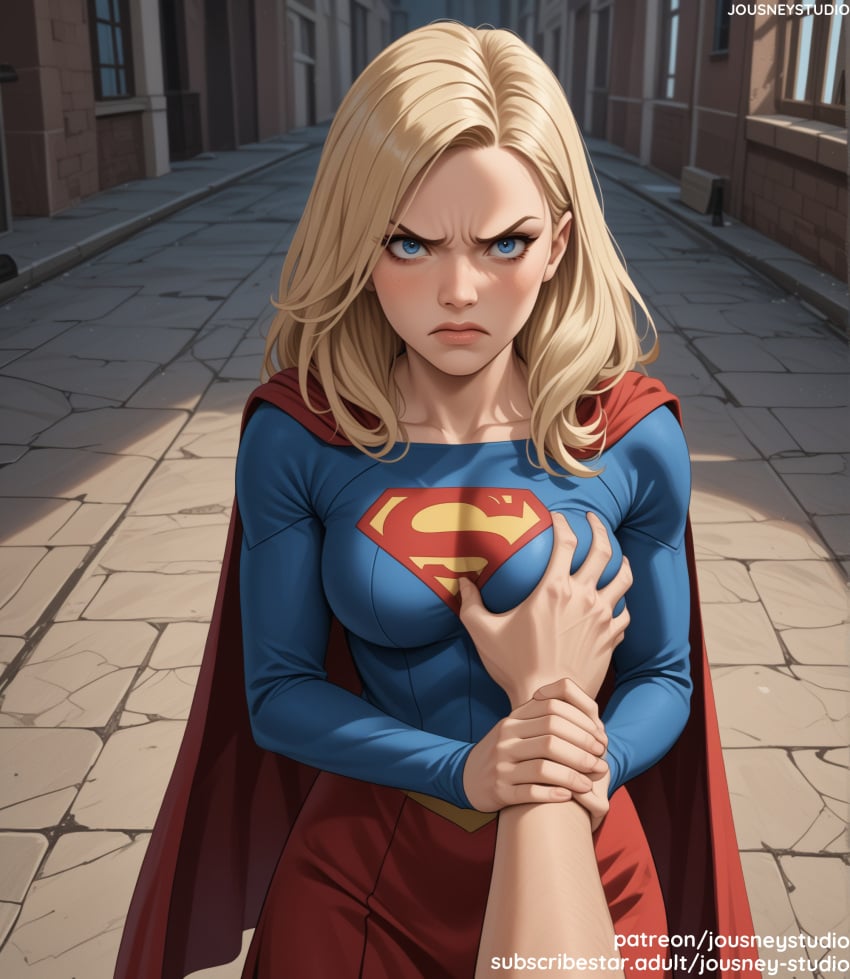 1boy ai_generated angry bangs blonde_hair blue_eyes blush bodysuit breast_grab breasts building cape closed_mouth clothing day dc dc_comics dress english_text female female frown grabbing groping guided_breast_grab guiding_hand holding_another&#039;s_wrist injustice_2 jousneystudio justice_league_unlimited kara_zor-el large_breasts lips long_hair long_sleeves looking_at_viewer male medium_breasts outdoors parted_lips scowl serious solo_focus standing straight supergirl supergirl_(injustice) superhero superman_(series) v-shaped_eyebrows veins