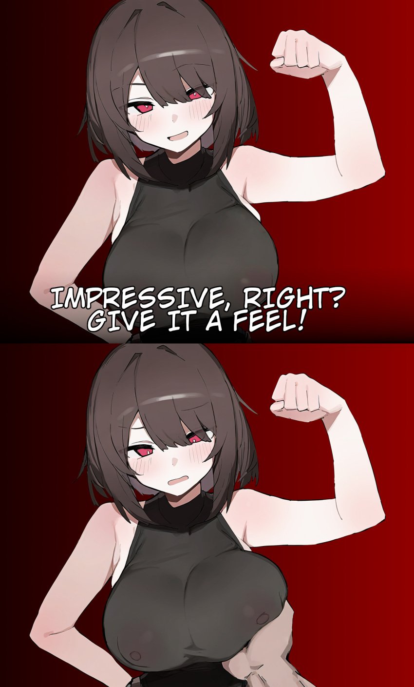 1boy 2koma ai_assisted ai_generated blush breast_grab breasts brown_hair comic female flexing frown go_on_feel_it_(meme) grabbing_breasts gradient_background groping groping_breasts large_breasts looking_at_viewer looking_down meme nipples nipples_visible_through_clothing open_mouth pov pov_hands red_eyes skindentation smile stable_diffusion text