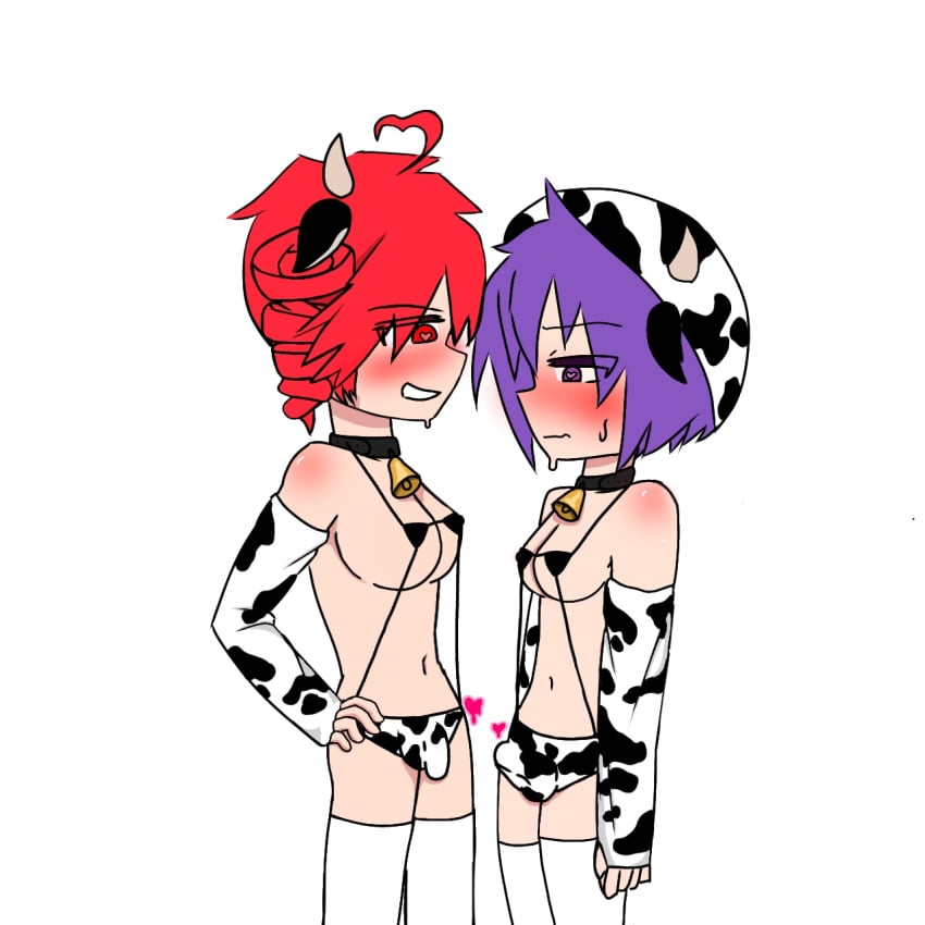 2girls ahoge bell_collar big_breasts bikini blush cow_print defoko flaccid flustered futanari hand_on_hip heart-shaped_pupils kasane_teto large_breasts limp_penis medium_breasts purple_eyes purple_hair red_eyes red_hair simple_background smile sweat tagme thighhighs white_background