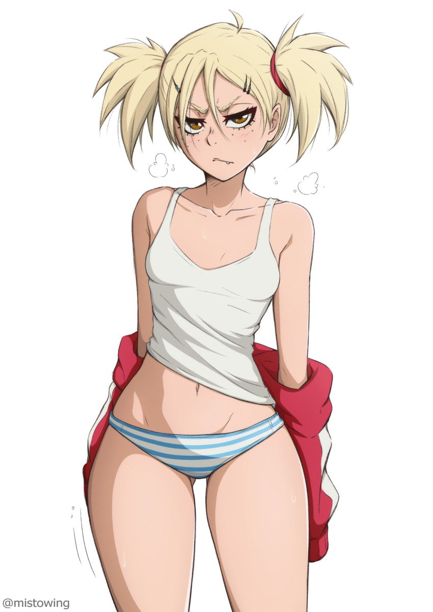 bleach blonde_hair brown_eyes hiyori_sarugaki horny horny_female looking_at_viewer mistowing panties pigtails sarugaki_hiyori striped_panties sweat sweatdrop sweating tomboy track_jacket wide_hips