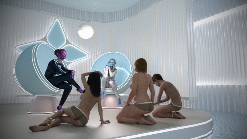 1boy 3d 4girls blue_skin blue_skinned_female multiple_girls original purple_skin purple_skinned_female slave slaveboy slavegirl spicebound topless topless_female topless_male underwear