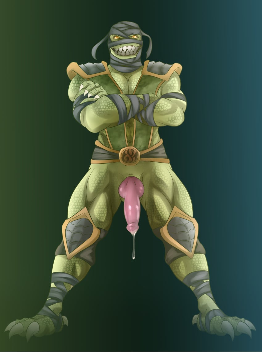 2025 absurd_res aleksejsalabaev anthro armor armwear athletic athletic_anthro athletic_male balls biceps big_teeth bodily_fluids bottomless claws clothed clothing crossed_arms cum cum_drip dripping erection fangs finger_claws fingers front_view full_body_view genital_fluids genitals green_background green_body green_scales hi_res humanoid knot lizard looking_at_viewer male monster mortal_kombat mostly_nude muscular muscular_anthro muscular_arms muscular_male muscular_thighs non-mammal_balls orange_sclera partially_clothed pecs penis presenting presenting_penis pupils red_penis reptile reptile_(mortal_kombat) saurian_(mortal_kombat) scales scalie sharp_teeth simple_background slit_pupils smile snout solo spread_legs spreading teeth tight_clothing topwear wrappings yellow_sclera