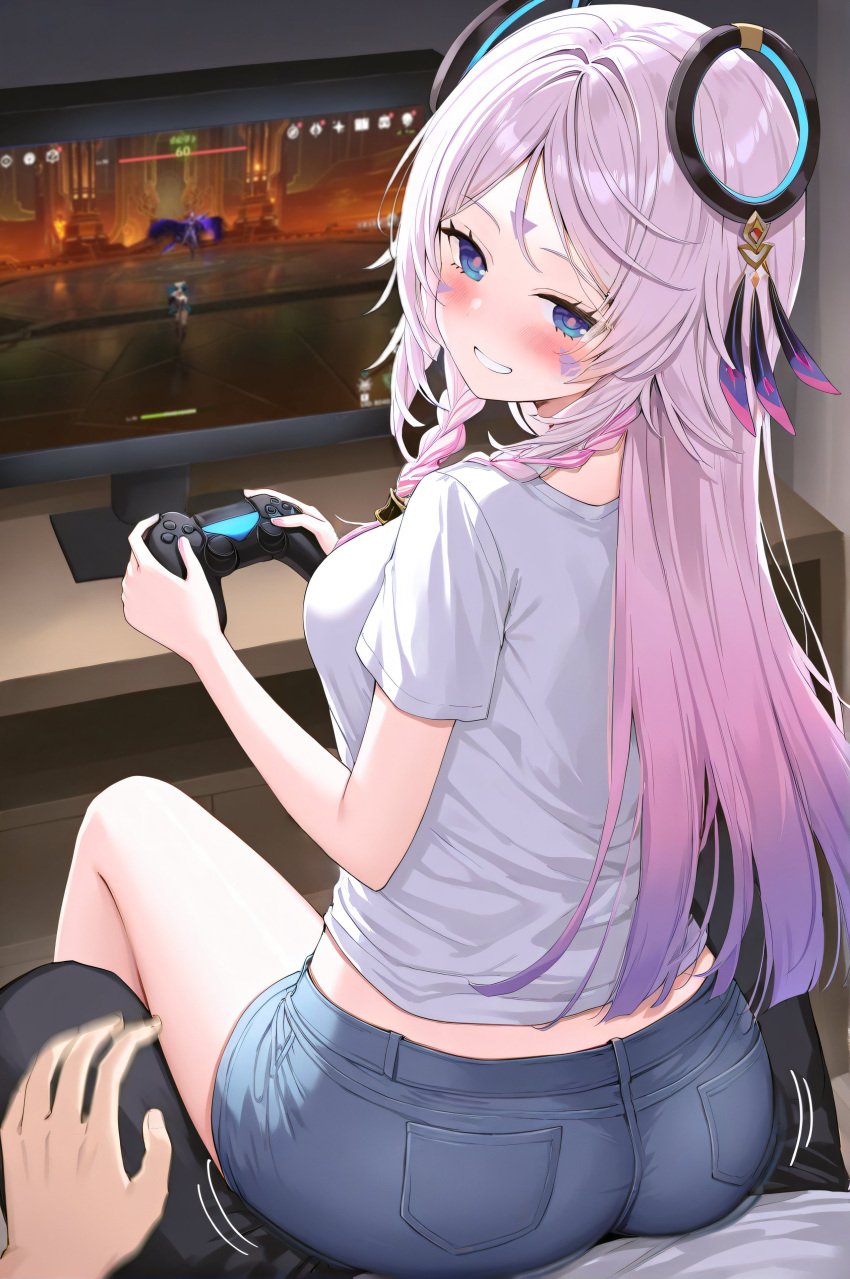 1boy 1girls ai_generated assjob blue_eyes buttjob citlali_(genshin_impact) erection erection_under_clothes gamer_girl genshin_impact grinding looking_at_viewer panties pink_hair playing_videogame sitting sitting_on_lap straight video_games