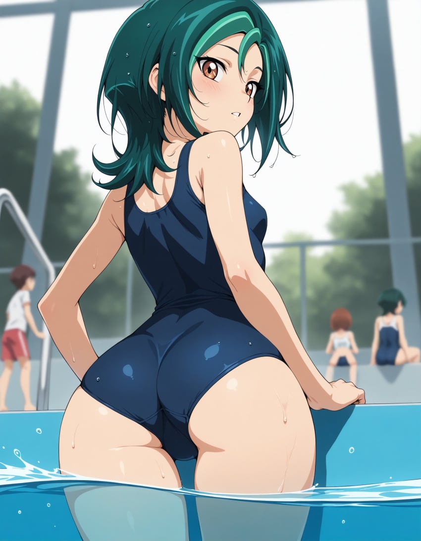 ai_generated ass ass_focus kotori_mizuki poolside school_swimsuit small_breasts tori_meadows wet yu-gi-oh!_zexal