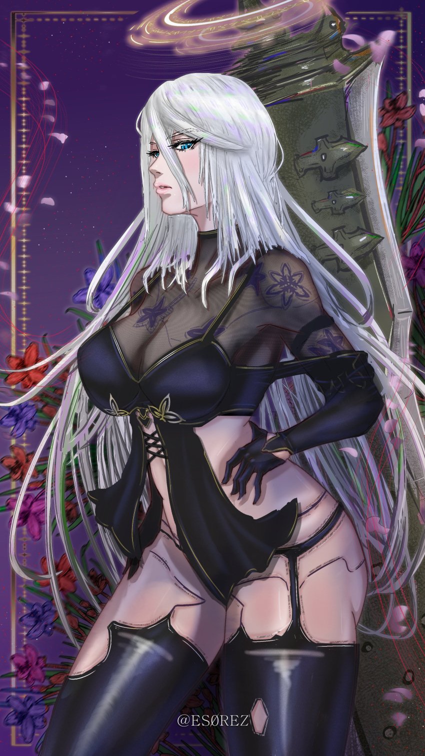 android android_girl big_breasts breasts clothed clothes clothing curvaceous curvaceous_body curvaceous_female curvaceous_figure curvaceous_hips curvy curvy_body curvy_female curvy_figure curvy_hips es0rez female female_focus female_only hips lingerie long_hair nier:_automata nier_(series) nier_replicant robot robot_girl thick_thighs thighs weapon white_hair wide yorha_a2