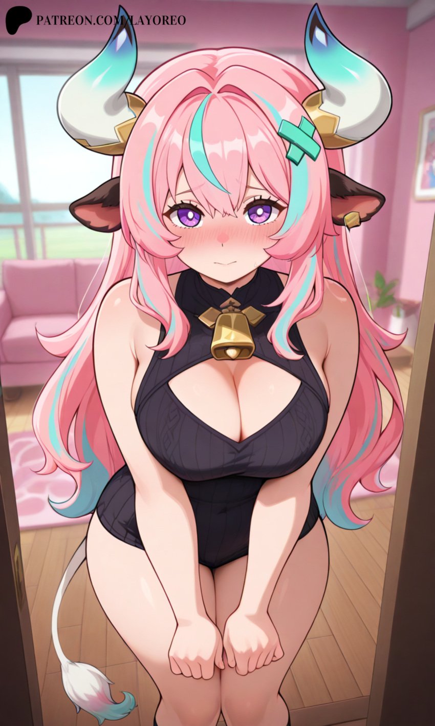 ai_generated ai_hands blushed_face cow_girl cowgirl female genshin_impact huge_ass huge_breasts lay-oreo natlan_girls shy varesa varesa_(genshin_impact)