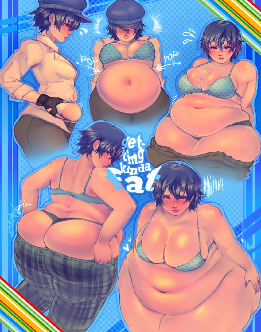 1girls ass bbw breast_expansion button_pop clothes_too_small female female_only huge_ass huge_belly huge_breasts large_breasts metrack newmetrack overweight overweight_female persona persona_4 sequence shirogane_naoto solo solo_female transformation underwear wardrobe_malfunction weight_gain weight_gain_sequence