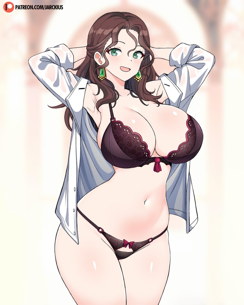 1girls arms_behind_head black_bra black_panties brown_hair cleavage curvy dorothea_arnault earrings female female_only fire_emblem fire_emblem:_three_houses fire_emblem_warriors:_three_hopes huge_breasts intelligent_systems jarckius jewelry lingerie looking_at_viewer navel nintendo open_clothes shirt smile solo stomach tagme underwear wavy_hair white_shirt wide_hips