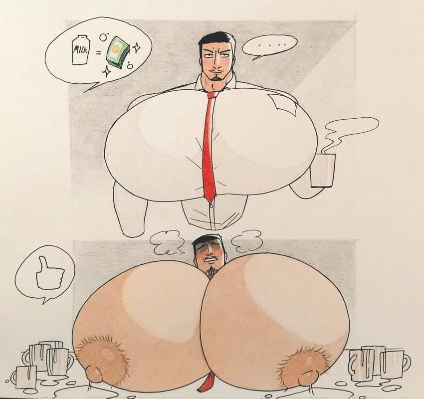 1boy anthro bara bara_tiddies bara_tits big_breasts big_chest big_pecs blush blushing blushing_male breastmilk busty busty_boy cnb2804 coffee_cup coffee_mug facial_hair furry huge_breasts huge_chest huge_pecs human humanoid lactating lactation leaking_milk male male_lactation male_only male_with_breasts milk mug shirt_open