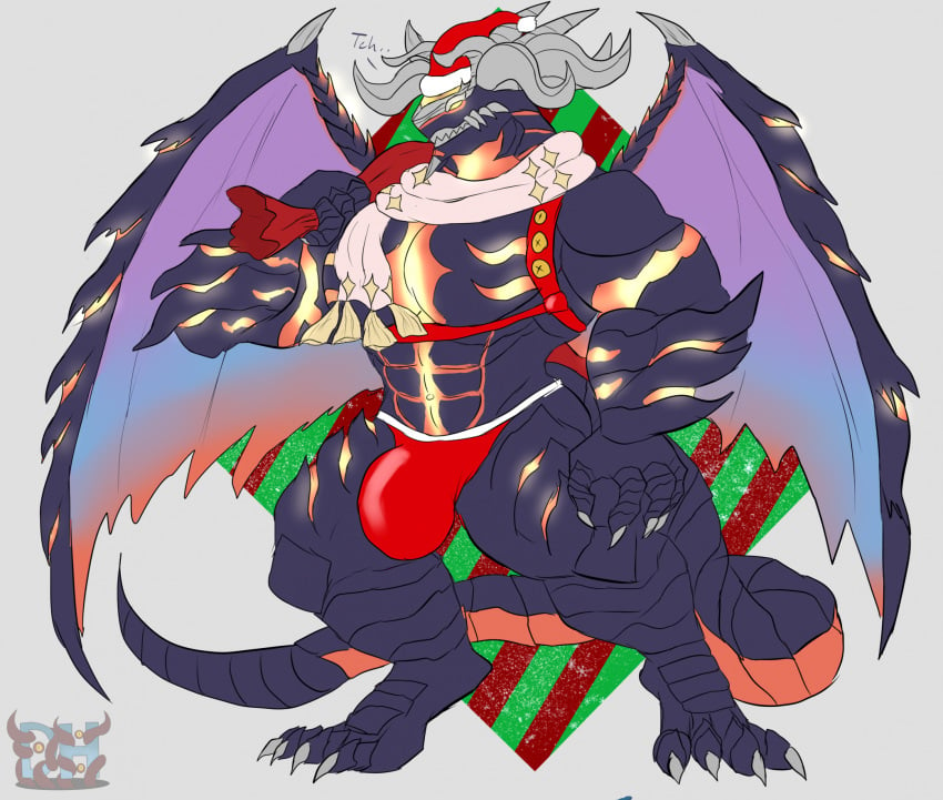 2024 5_fingers 6_horns abs anthro artist_name balls barazoku bicep_curl biceps big_muscles big_penis bulge christmas christmas_clothing christmas_headwear claws clothing colored colored_line_art daikuhiroshiama demon digital_drawing_(artwork) digital_media_(artwork) dragon english_text erection fangs finger_claws fingers fire_emblem fire_emblem_sacred_stones flexing flexing_bicep fomortiis fomortiis_(fire_emblem) foreskin genitals glowing gradient gradient_penis hat headgear headwear hi_res holidays horn humanoid_hands long_tail looking_at_viewer male manly membrane_(anatomy) membranous_wings monster multi_horn muscular muscular_anthro muscular_male mythological_creature mythological_scalie mythology nintendo nude open_mouth pecs penis pose purple_body retracted_foreskin santa_hat scalie scarf serratus sharp_teeth simple_background solo tail teeth text triceps underwear vein veiny_penis wings