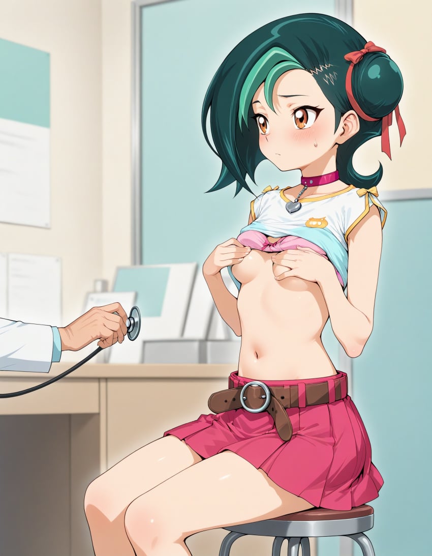 ai_generated blush covered_nipples examination kotori_mizuki lifted_by_self small_breasts stethoscope tori_meadows yu-gi-oh!_zexal