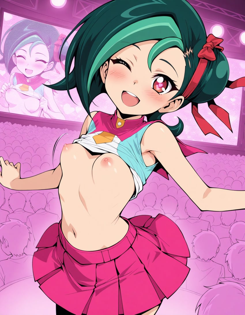 ai_generated audience bouncing_breasts dancing heart-shaped_pupils hypnosis kotori_mizuki pink_theme screen small_breasts tori_meadows yu-gi-oh!_zexal