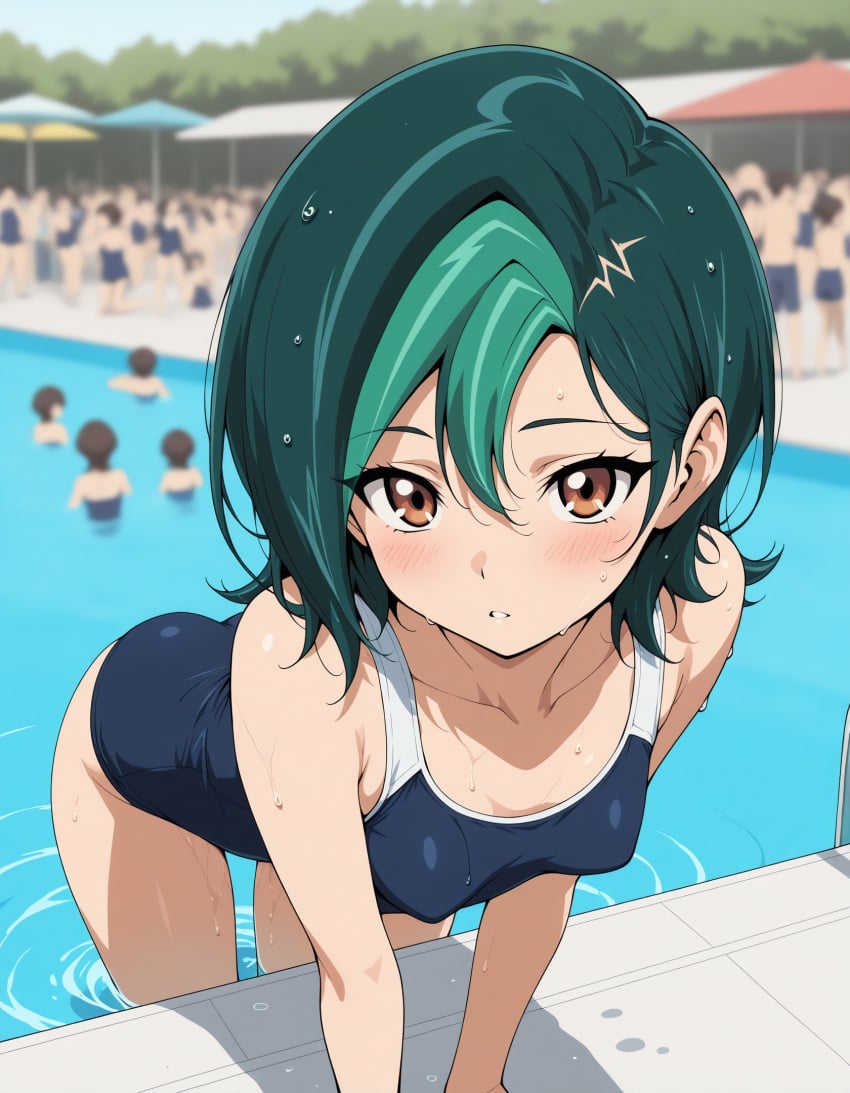 ai_generated kotori_mizuki pointy_breasts poolside school_swimsuit small_breasts tori_meadows wet yu-gi-oh!_zexal