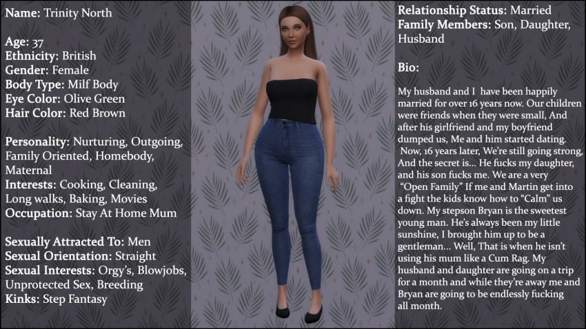 1girls 3d brown_hair character_bio character_name character_profile character_sheet curvy_hips english english_text milf no_sex original_character sim_doe sims sims4 sims_4 the_sims the_sims_4 trinity_north(sim_doe)