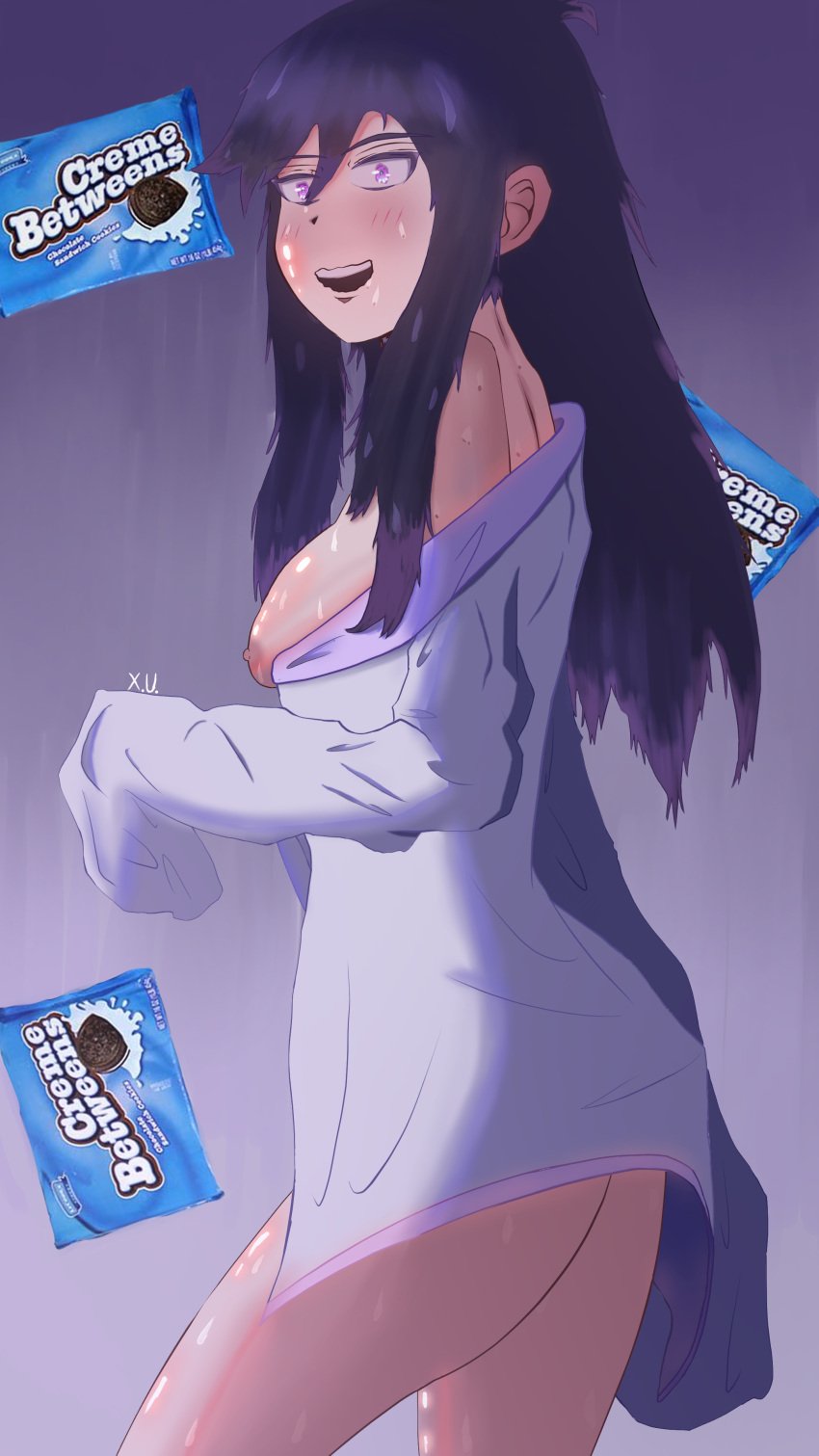 1girls 2d anime_style artwork_(digital) ass black_hair blush boobs_out breasts creme_betweens drawing embarrassed_nude_female exposed_ass exposed_nipples female female_focus female_only girl long_hair long_sleeves no_ai no_bra no_furry no_panties no_underwear open_mouth purple_eyes purple_hair red_face shading shiny_skin simple_background tuubaa wet wet_body wet_hair wet_skin youtuber youtuber_girl