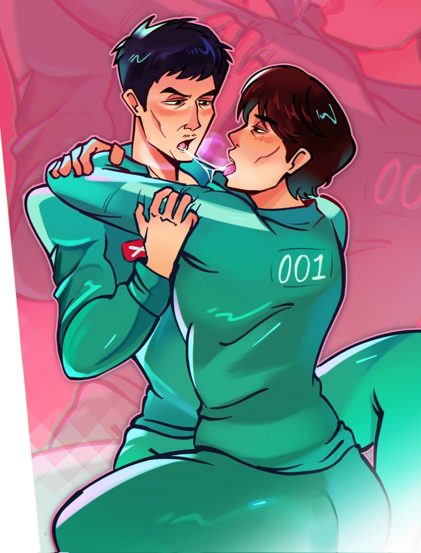 001 456 arms_around_neck ass ass ass_bigger_than_head black_eyes black_hair blush blush blush_lines brown_hair clothed clothes clothing color colored french_kiss french_kissing frontman game gay gay_domination gay_male gay_sex gi-hun gihun green_clothing hand_on_shoulder in-ho inho kissing kissing making_out netflix netflix_character old old_man older older_male player_001 player_456 saliva saliva_drip saliva_on_face saliva_on_tongue saliva_string saliva_trail salivating squid squid_game tight_clothing uniform yaoi