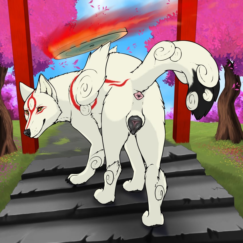 absurd_res amaterasu amaterasu_(okami) animal_genitalia animal_pussy ass canine_genitalia canine_pussy capcom female feral fire forest genitals hi_res looking_at_viewer mechanical_monster_factory okami okami_(capcom) plant presenting presenting_hindquarters pussy shaded solo stairs tree