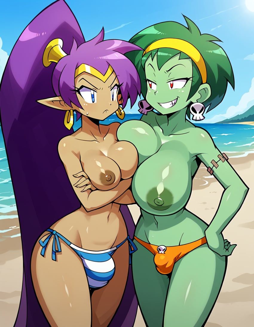 2futas accurate_art_style ai_generated angry beach bikini bikini_bottom bikini_bottom_only bikini_bulge breast_comparison breast_contest breast_envy breast_press breast_size_difference breast_squish breasts breasts_pressed_together bulge buurazu crossed_arms dark-skinned_female futa_only gigantic_breasts green_skin hand_on_hip huge_breasts medium_breasts purple_hair rottytops shantae shantae_(character) smug smug_face smug_grin stitches tan_body tan_skin topless very_long_hair zombie