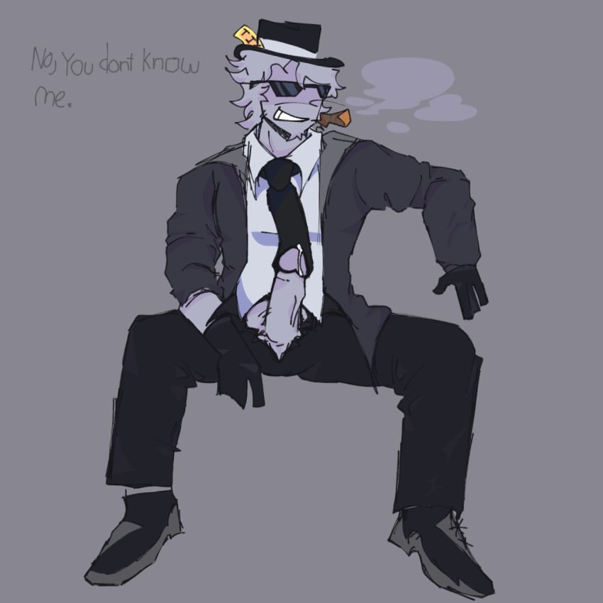 beard chance_(forsaken) cl0undz1ght clothed first_porn_of_character forsaken_(roblox) glasses gloves grey_skin hard_penis leaking_cum male male_only necktie pants penis precum roblox robloxian smirk smoking suit_and_tie