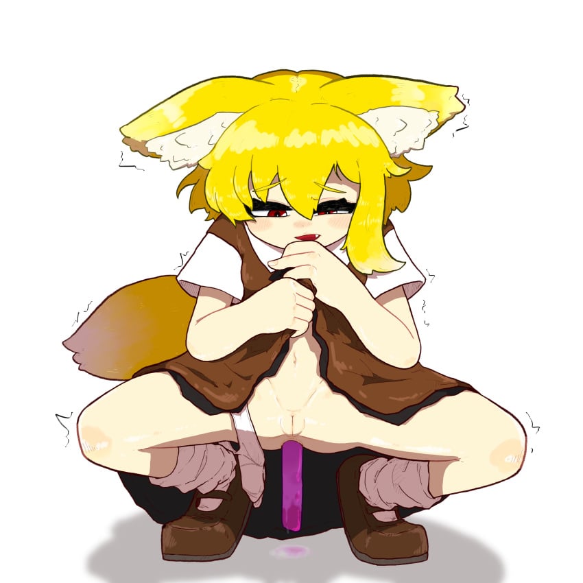 absurdres anal anal_object_insertion animal_ears anus asymmetrical_hair blonde_hair blush brown_dress brown_footwear clothes_lift commentary_request cookie_(touhou) dress dress_lift female fox_ears fox_girl fox_tail full_body half-closed_eyes highres lifting_own_clothes loafers looking_down medium_hair miramikaru_riran muimui_(4242564muimui) object_insertion oerba_yun_fang open_mouth panties panties_around_one_leg pussy red_eyes shoes simple_background single_sidelock socks solo squatting staff tail uncensored underwear white_background white_panties white_socks