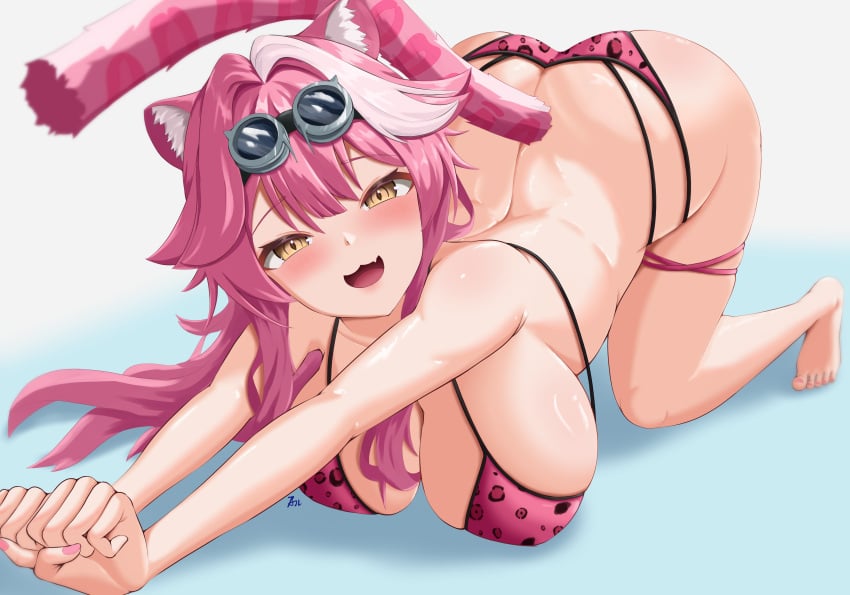 absurdres all_fours animal_ear_fluff animal_ears animal_print armanditto ass barefoot bikini breasts cleavage eyewear_on_head female highres hololive hololive_english large_breasts leopard_print leopard_print_bikini long_hair looking_at_viewer median_furrow multicolored_hair oerba_yun_fang open_mouth panther_ears panther_girl panther_tail pink_bikini pink_nails raora_panthera shadow signature skin_fang smile solo streaked_hair swimsuit tail two-tone_hair virtual_youtuber yellow_eyes