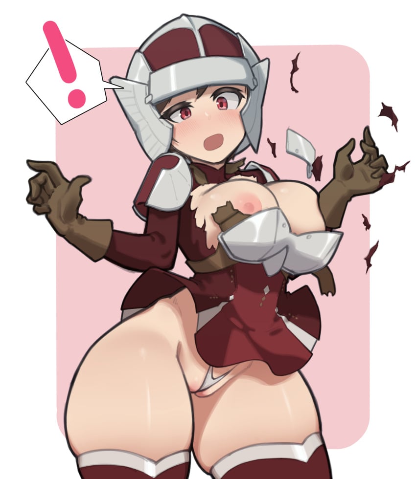 ! 1girls brown_hair fire_emblem fire_emblem:_three_houses large_breasts nintendo nipples npc pegasus_knight pegasus_knight_(fire_emblem) pegasus_knight_uniform_(fire_emblem) red_eyes shocked shocked_expression speech_bubble thick_thighs thighs torn_clothes