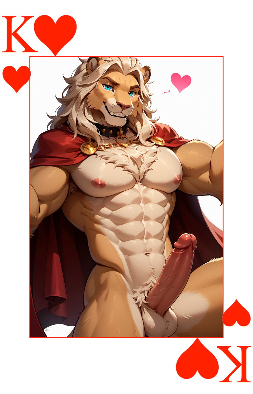 abs absurd_res ai_assisted ai_generated animal_ears anthro balls big_penis blonde_hair blonde_mane blue_eyes card collar erection feline furry heart heart_symbol lion medium_hair muscular muscular_male nipples nude_male penis playing_card poker_cards red_cape simple_background smile smiling_at_viewer solo solo_male yeenashaven