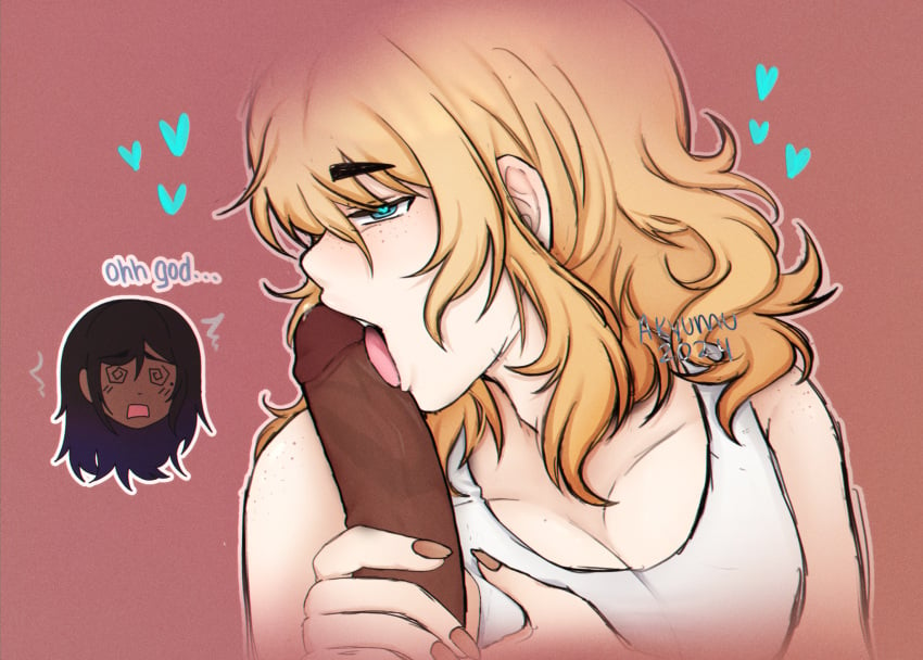 akyumu blonde_hair cas_(akyumu) chubby chubby_femboy couple cum dark-skinned_male dark_hair dark_skin dark_skinned_femboy dialogue dizzy dizzy_eyes english english_dialogue english_text fat fat_femboy femboy femboy/femboy femboy_on_femboy girly grabbing_own_breast heart-shaped_pupils holding_legs imminent_blowjob imminent_fellatio interracial interspecies large_penis licking licking_tip male/male male_only milo_(akyumu) moobs oral penis precum trembling