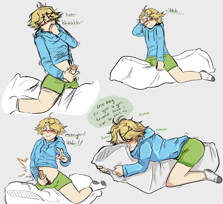 1boy blonde_hair blonde_male blush bulge bulge_through_clothing clothed clothed_male clothing cum cumming desperation dialogue dialogue_bubble dry_humping ejaculation human humping humping_pillow male male_focus male_only masturbation mystic_messenger pathetic_male penis pillow_hug pillow_humping pillow_ride precum pubic_hair purple_eyes quiver shaking straddling yoosung_kim