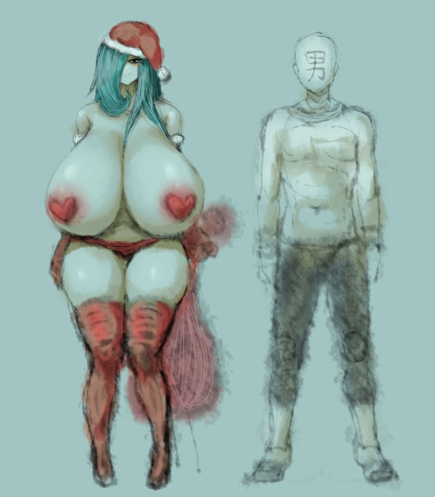 1boy 1girls 2b213 areola_slip blue_hair christmas duo enormous_breasts faceless_male full_body grey_background hair_over_one_eye hat heart_pasties hips huge_breasts large_breasts long_hair mei's_mother_(2b213) milf nipple_pasties original original_character pasties sack santa_hat simple_background smile smug standing text thighs