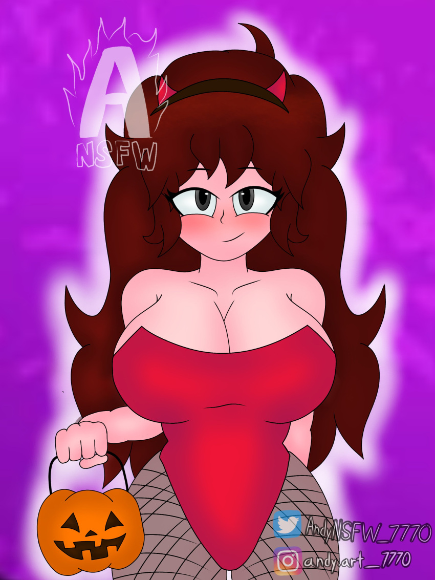 1girls andynsfw_7770 anime_style background basket big_breasts blush curvy demon_horns female female_only friday_night_funkin girlfriend_(friday_night_funkin) halloween long_hair pantyhose redraw signature stocking thick_thighs