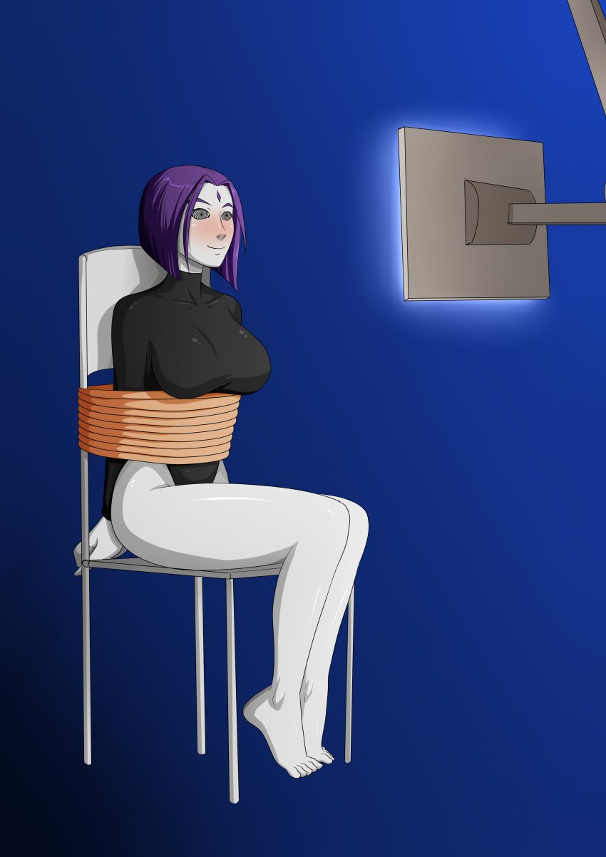 absurdres barefoot bondage breasts chair dc dc_comics female_only femsub grey_skin happy_trance hypnosis hypnotic_screen large_breasts leotard oo_sebastian_oo purple_hair raven_(dc) short_hair sitting spiral_eyes super_hero symbol_in_eyes tech_control teen_titans